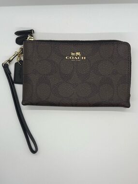 Coach Signature Leather Double Zip Wristlet Brown Pebbled Leather Gold Hardware